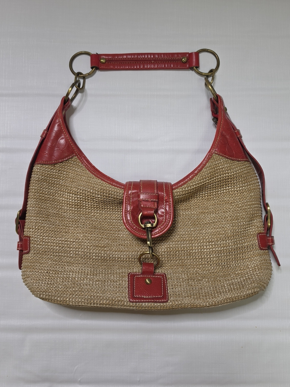 Woven Straw Hobo Bag with Red Leather Trim